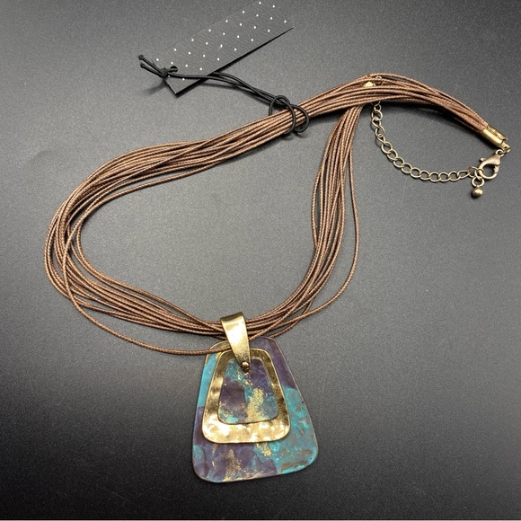 Copper Mixed Metals Statement Necklace On Brown Multi-Strand Cording NWT - Picture 1 of 7